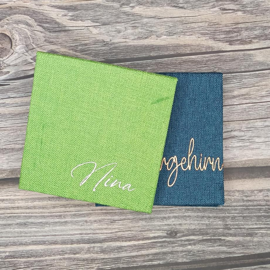 Personalisierte Notizblöcke – handgebunden mit Buchbinderleinen